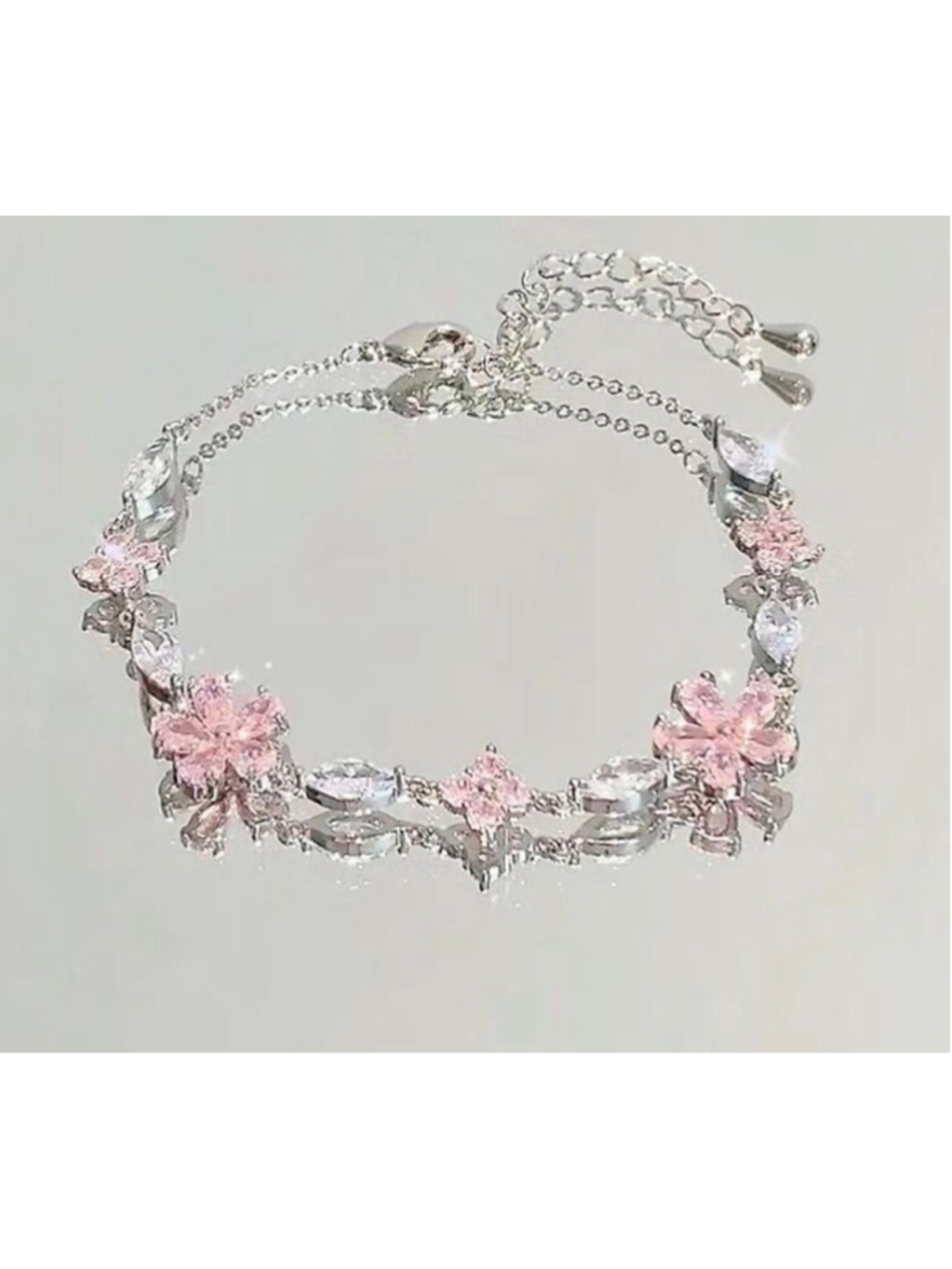 Women's Unbranded Crystal Flower Chain Bracelet, One Size, Silver and Pink
